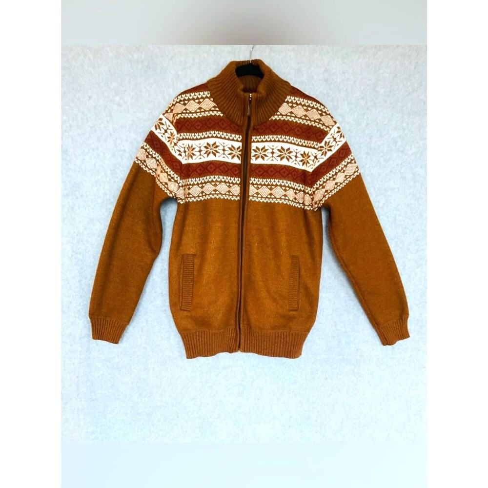 Alexander Julian Nordic Fair Isle Sherpa Lined Cardigan Small Brown Zip Sweater